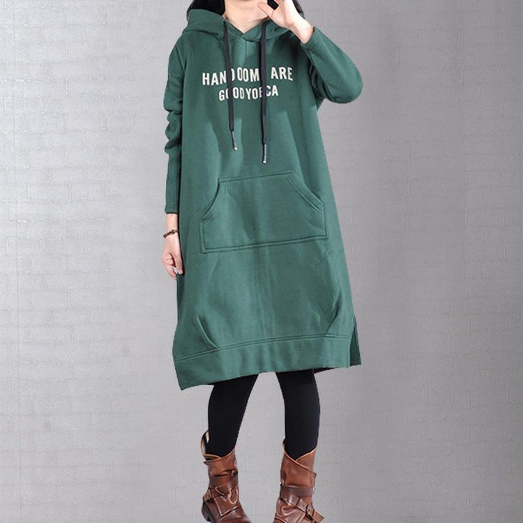Modern hooded patchwork Cotton dress linen green Dress - Omychic