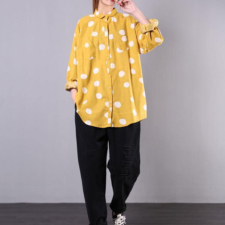 Modern lapel baggy cotton tops Tunic Tops yellow dotted shirt - Omychic