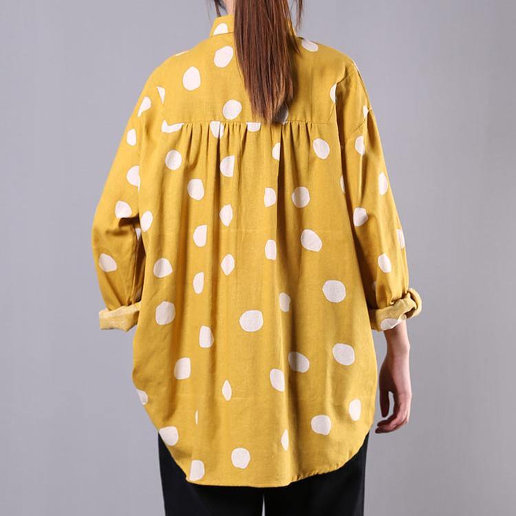 Modern lapel baggy cotton tops Tunic Tops yellow dotted shirt - Omychic