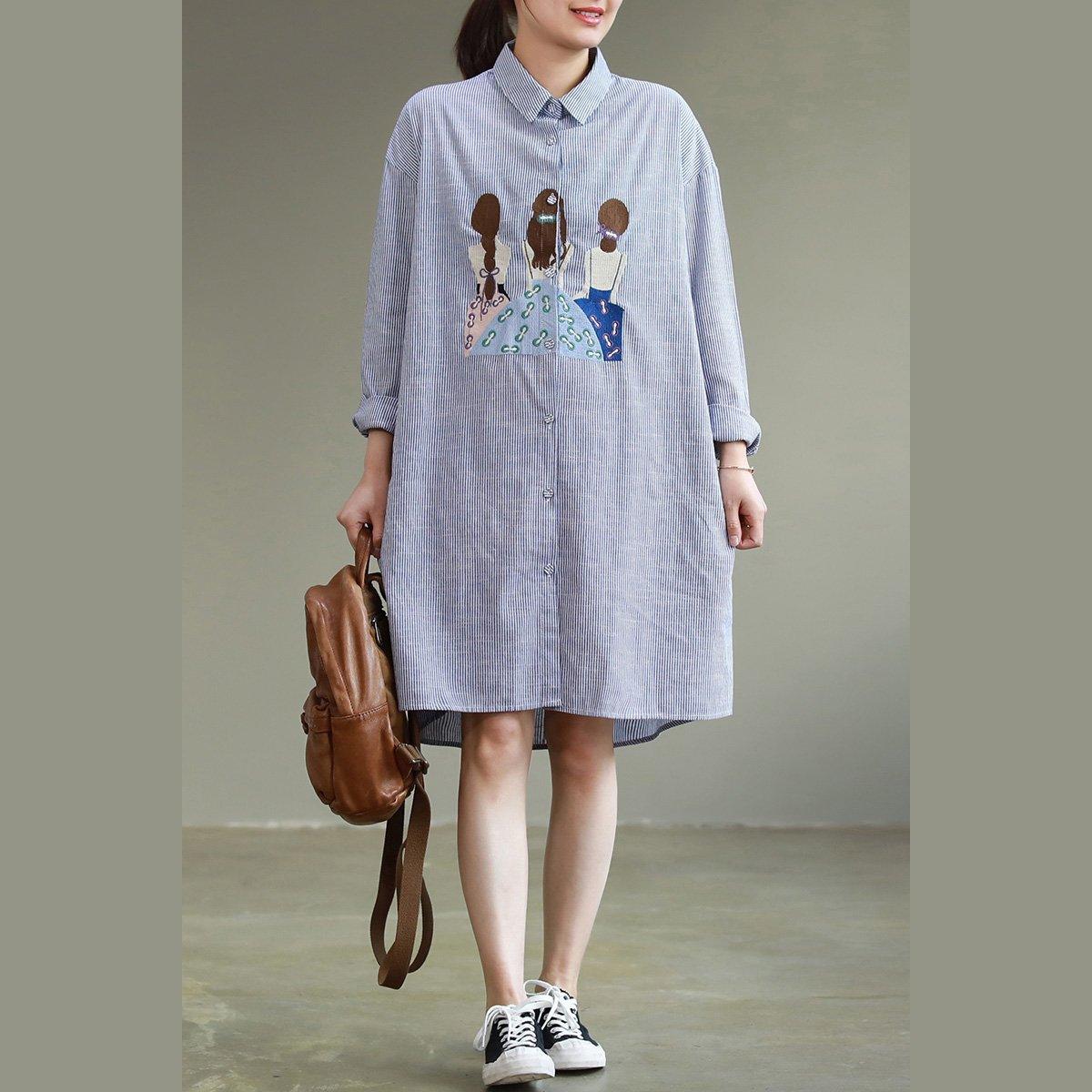 Modern lapel collar Cotton Tunic top quality Outfits blue striped Art Dress long sleeve - Omychic