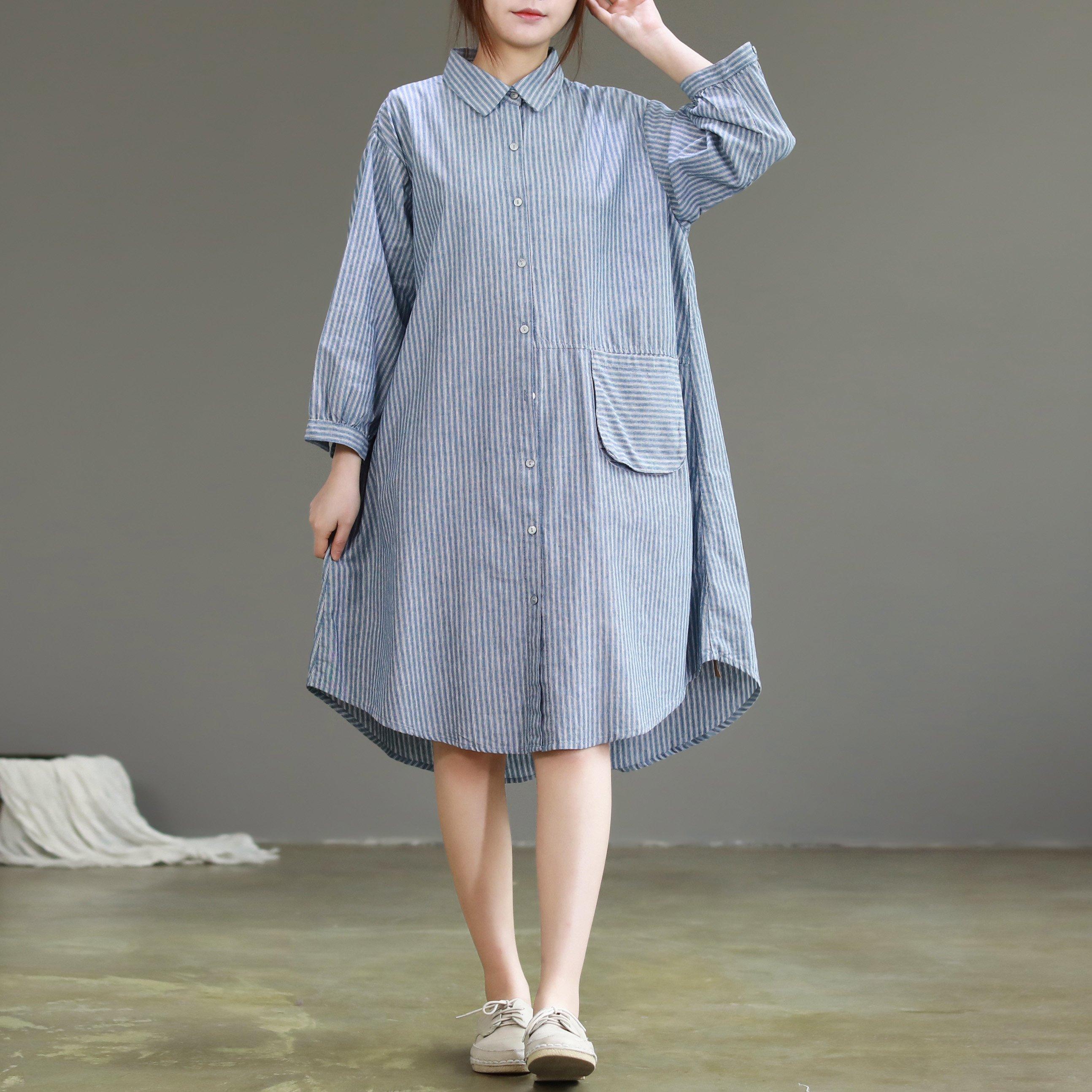 Modern lapel collar linen dresses Metropolitan Museum design blue cotton Dress striped - Omychic