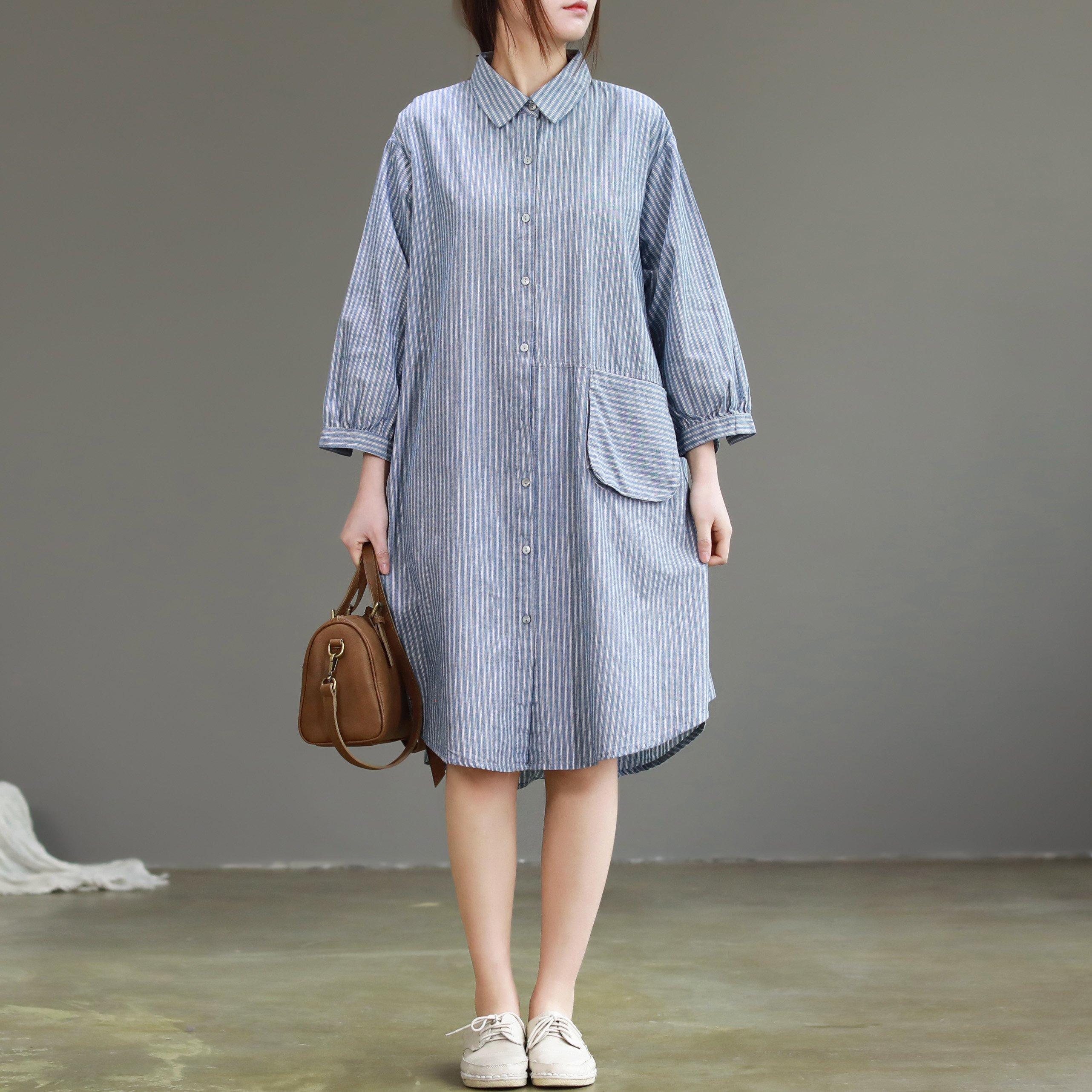 Modern lapel collar linen dresses Metropolitan Museum design blue cotton Dress striped - Omychic