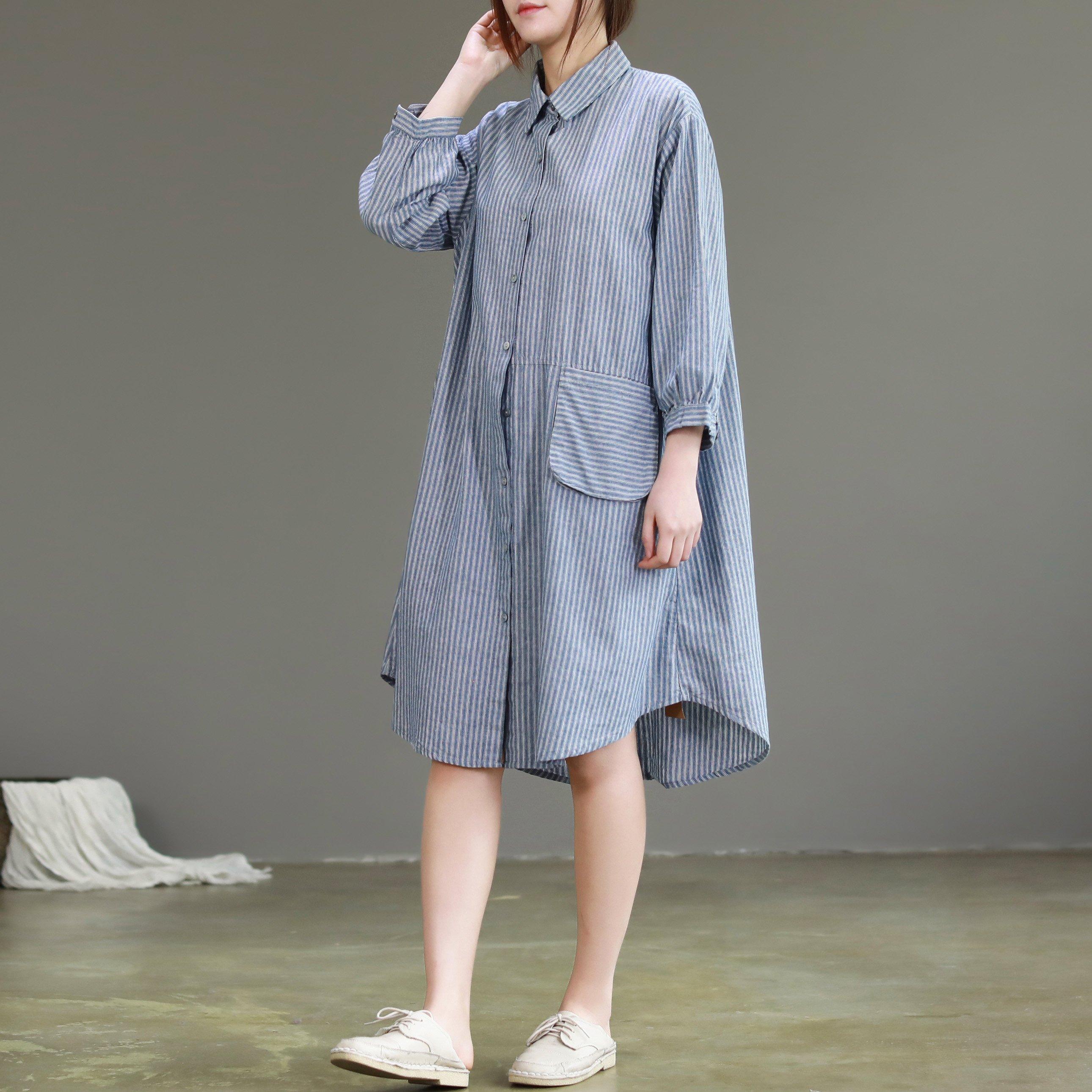 Modern lapel collar linen dresses Metropolitan Museum design blue cotton Dress striped - Omychic