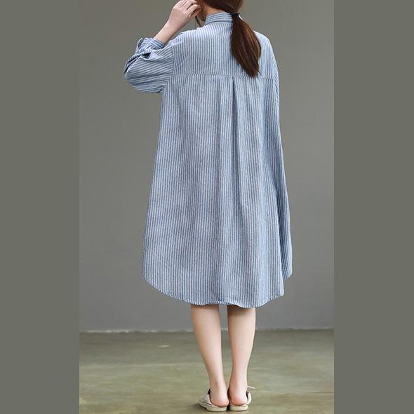 Modern lapel collar linen dresses Metropolitan Museum design blue cotton Dress striped - Omychic