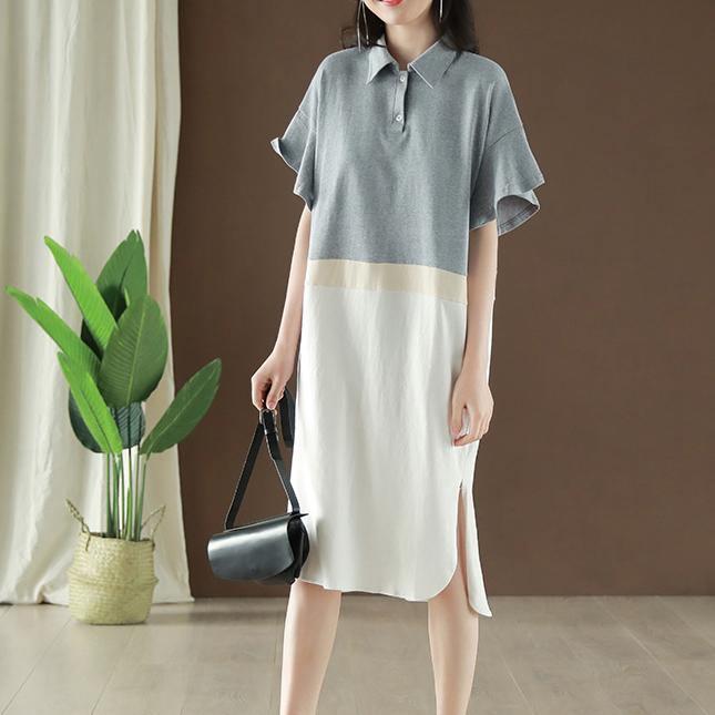 Modern light gray Cotton clothes Women lapel patchwork Butterfly Sleeve summer Dress - Omychic