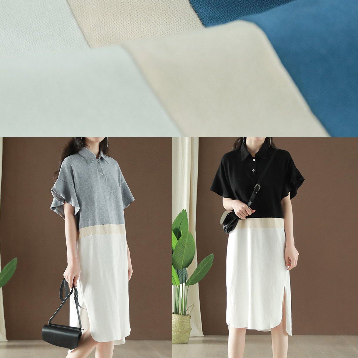 Modern light gray Cotton clothes Women lapel patchwork Butterfly Sleeve summer Dress - Omychic