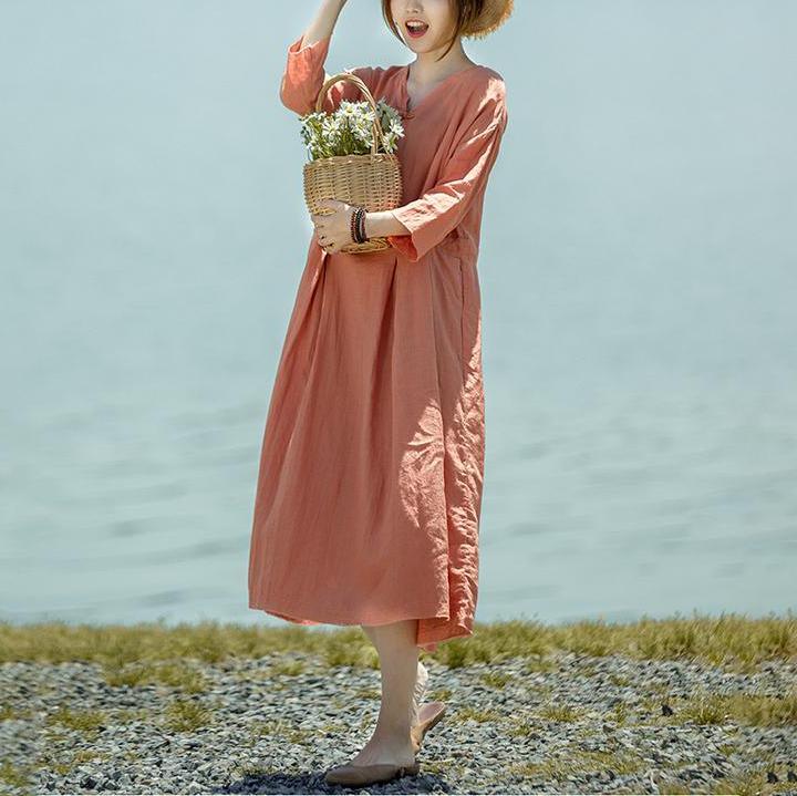 Modern linen clothes For Women top quality Linen V-Neck Frog Solid Indie Folk Dress - Omychic