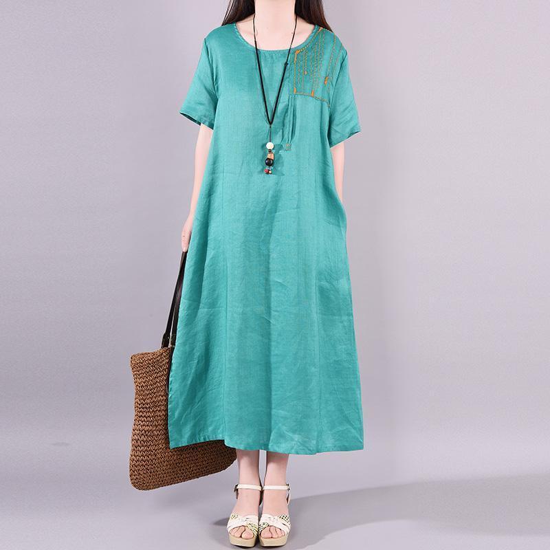 Modern linen dress Vintage Ramie Solid Embroidery Pockets A-Line Dress - Omychic