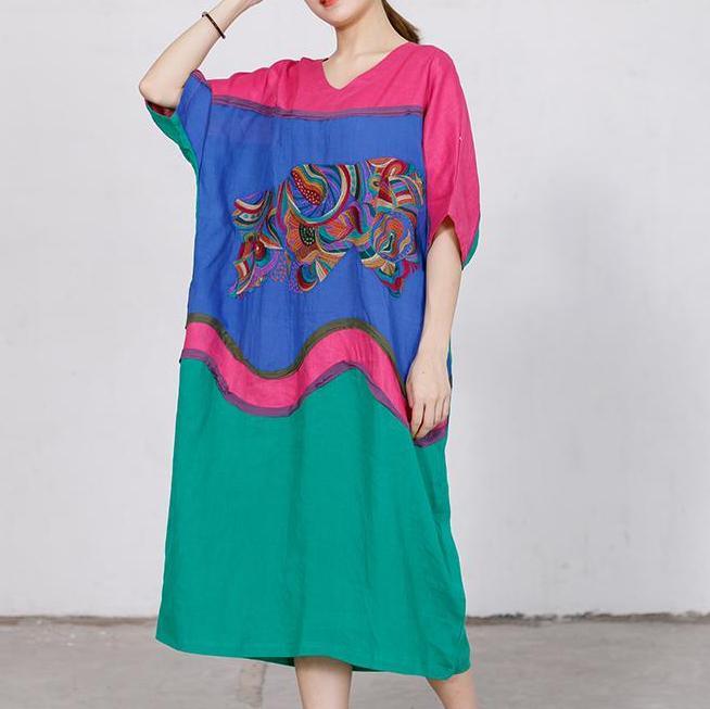Modern linen dresses Plus Size Embroidery Contrast Color Stitching Loose Dress - Omychic