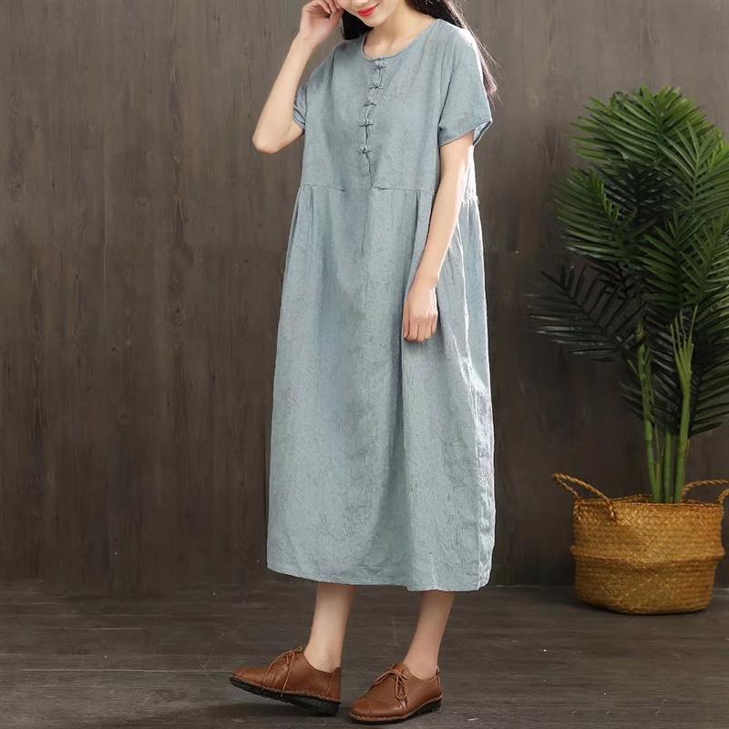Modern loose waist cotton linen clothes For Women design light blue Dress summer - Omychic