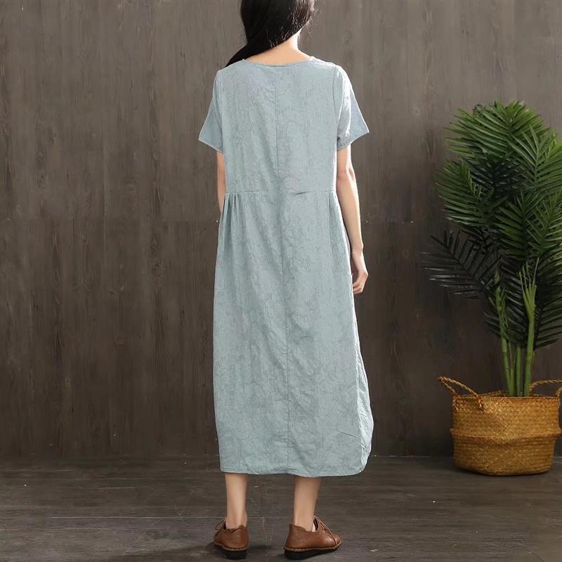 Modern loose waist cotton linen clothes For Women design light blue Dress summer - Omychic