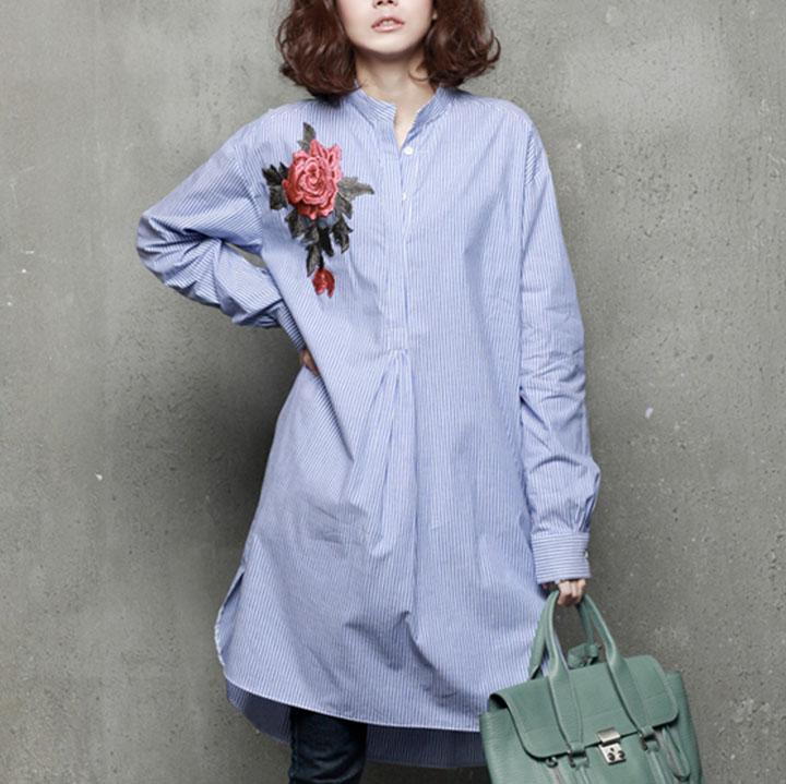Modern low high design cotton embroidery tunics for women pattern blue striped shirt - Omychic