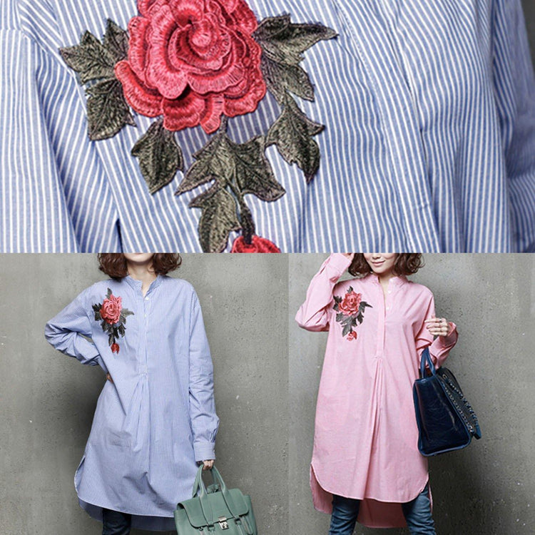 Modern low high design cotton embroidery tunics for women pattern blue striped shirt - Omychic
