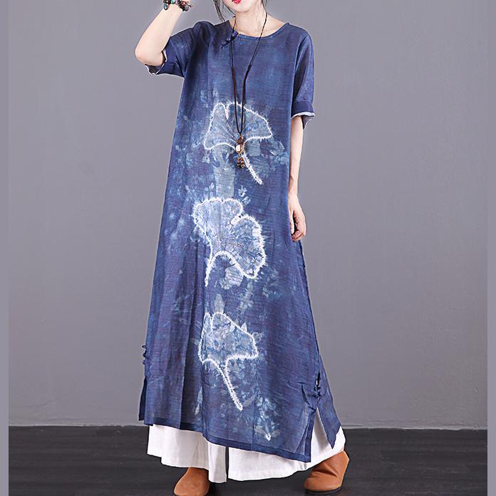 Modern navy print linen dresses Button Down pockets Plus Size summer Dress - Omychic