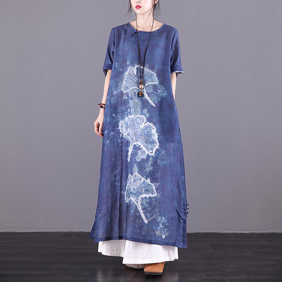 Modern navy print linen dresses Button Down pockets Plus Size summer Dress - Omychic