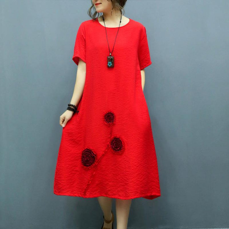 Modern o neck Appliques linen dresses pattern red Dress summer - Omychic