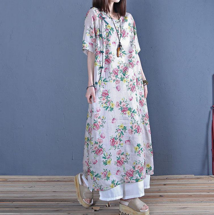 Modern o neck Chinese Button cotton Outfits nude Art Dress summer - Omychic