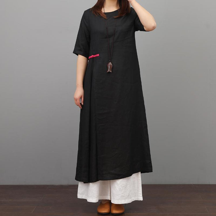 Modern o neck Chinese Button linen Long Shirts Neckline black Dress summer - Omychic