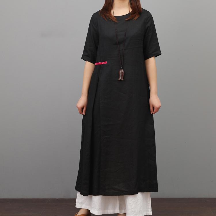 Modern o neck Chinese Button linen Long Shirts Neckline black Dress summer - Omychic