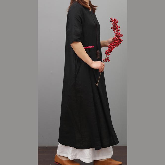 Modern o neck Chinese Button linen Long Shirts Neckline black Dress summer - Omychic