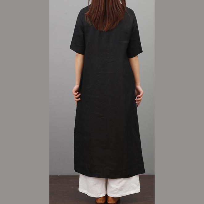 Modern o neck Chinese Button linen Long Shirts Neckline black Dress summer - Omychic