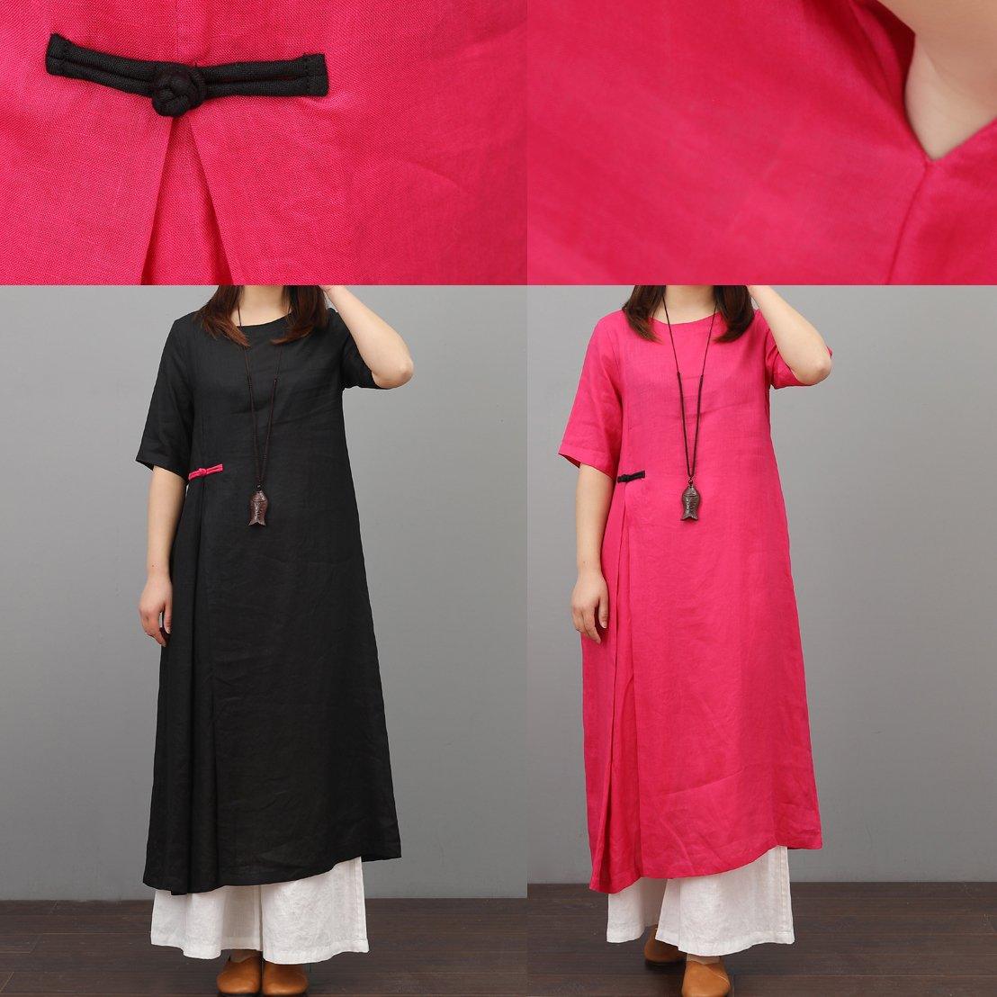 Modern o neck Chinese Button linen Long Shirts Neckline black Dress summer - Omychic