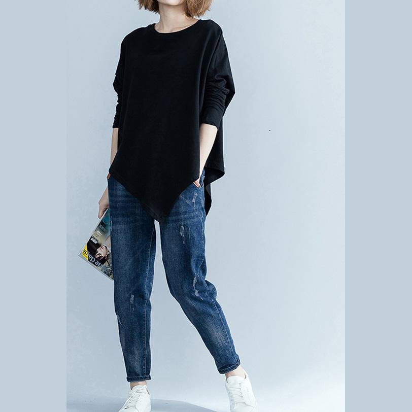 Modern o neck asymmetric cotton Blouse Plus Size Sleeve black Plus Size Clothing top - Omychic