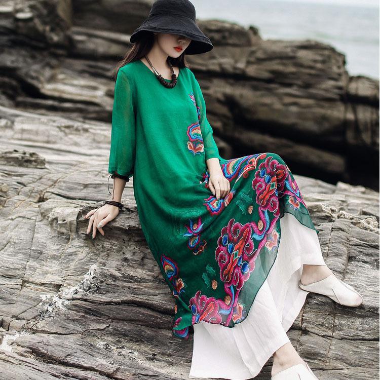 Modern o neck asymmetric false two pieces outfit Women green embroidery print Maxi Dresses Summer - Omychic