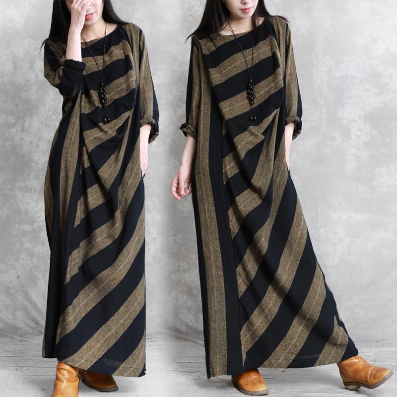 Modern o neck asymmetric linen cotton quilting clothes Tutorials black striped Dress fall - Omychic