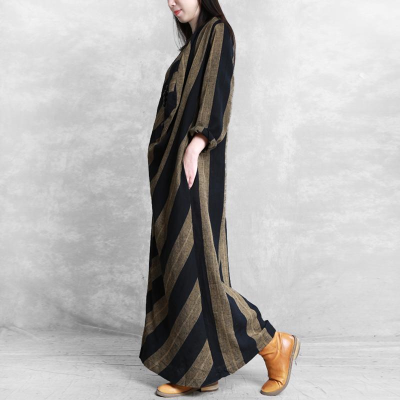 Modern o neck asymmetric linen cotton quilting clothes Tutorials black striped Dress fall - Omychic