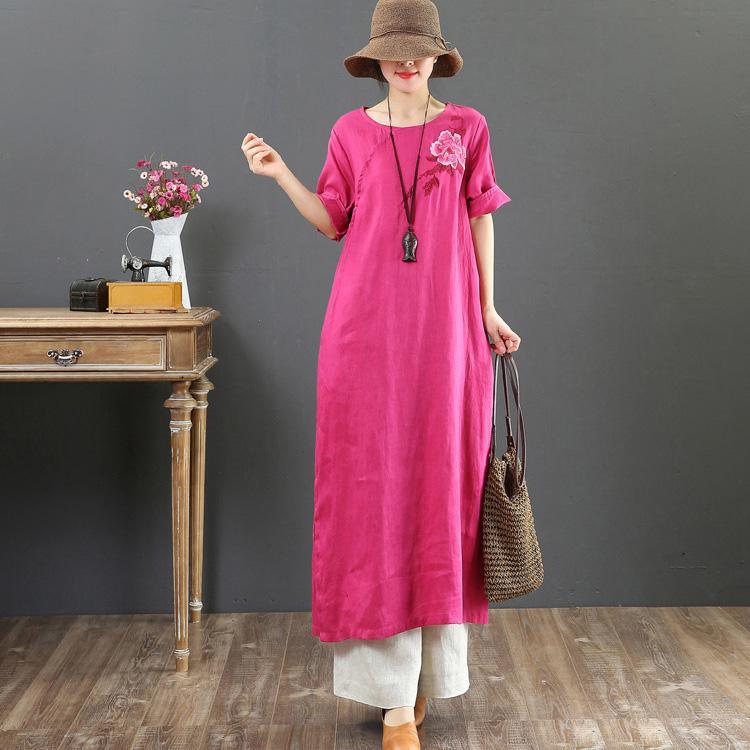 Modern o neck embroidery linen dress Women Inspiration rose Art Dresses Summer - Omychic