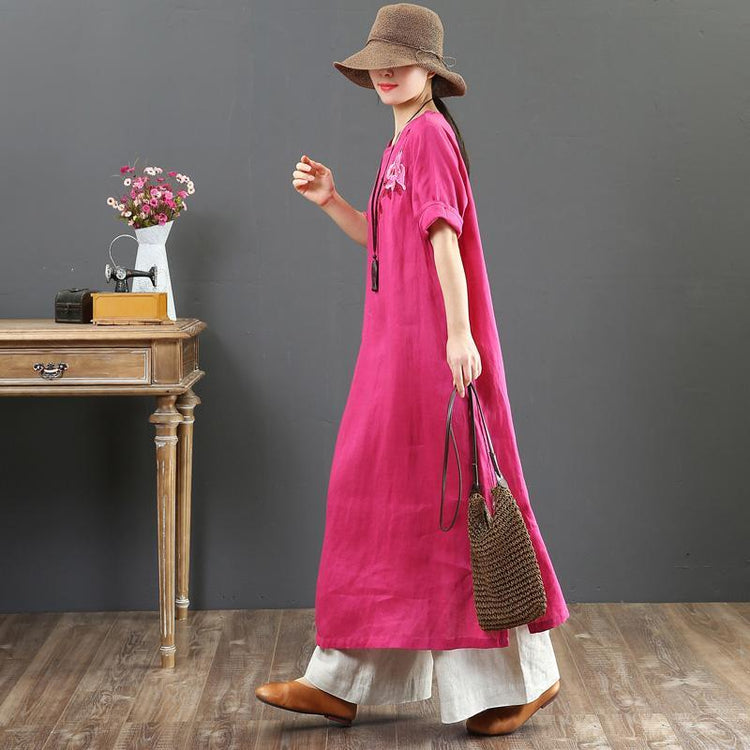 Modern o neck embroidery linen dress Women Inspiration rose Art Dresses Summer - Omychic