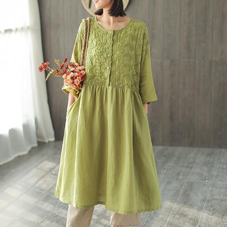 Modern o neck half sleeve Linen Outfits light green embroidery Dress summer - Omychic