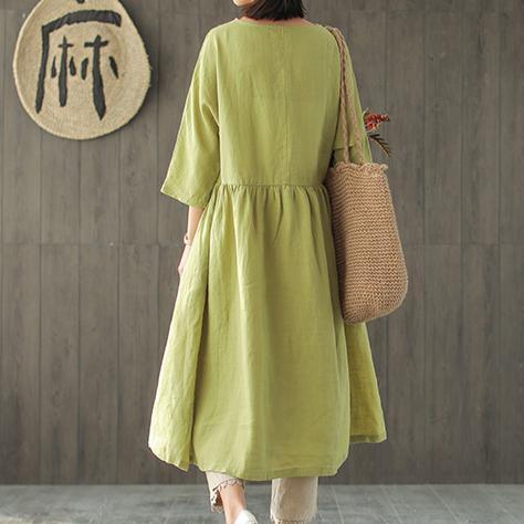 Modern o neck half sleeve Linen Outfits light green embroidery Dress summer - Omychic