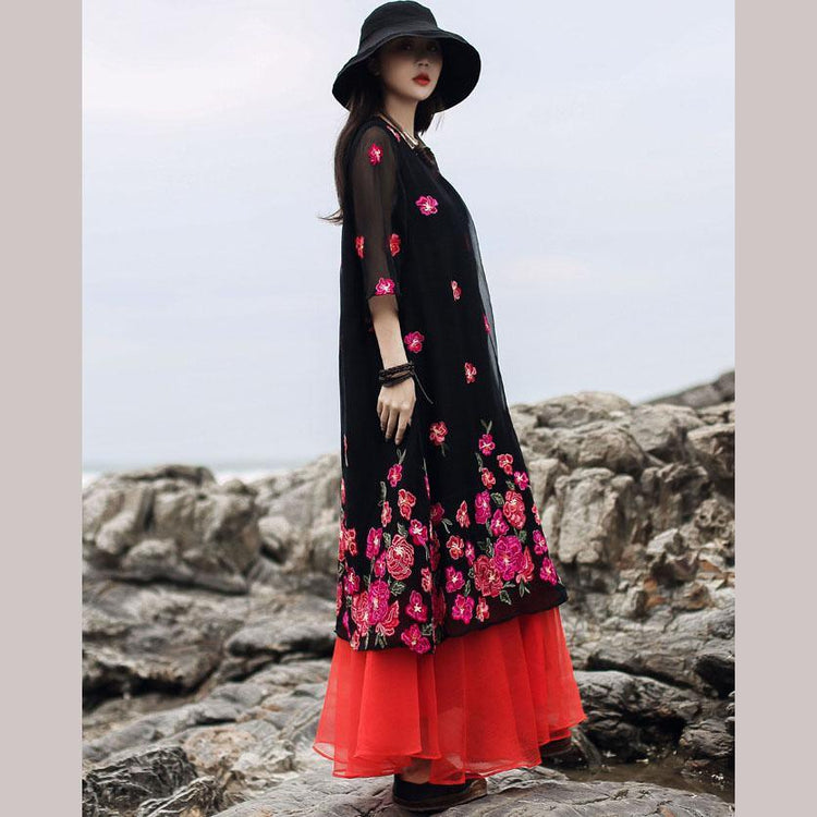 Modern o neck layered tulle cotton linen quilting dresses black print Dresses summer - Omychic