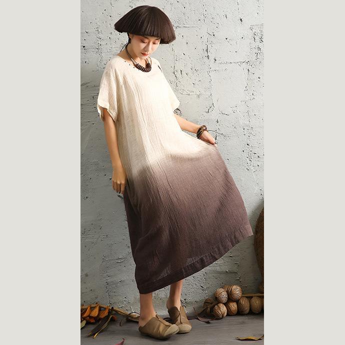 Modern o neck linen cotton dresses Neckline short sleeve khaki Dresses patchwork color - Omychic