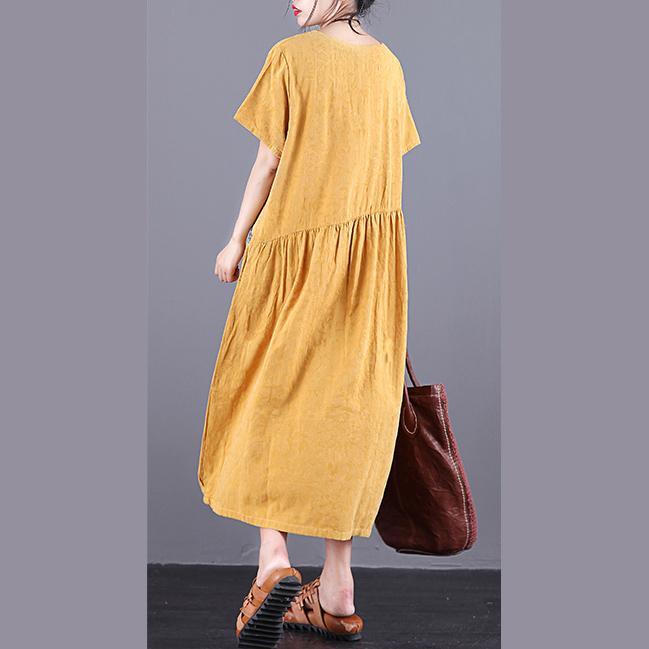 Modern o neck patchwork cotton linen quilting dresses Photography yellow Jacquard Dresses summer - Omychic