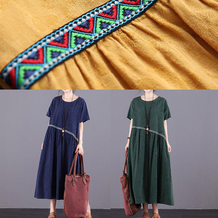 Modern o neck patchwork cotton linen quilting dresses Photography yellow Jacquard Dresses summer - Omychic