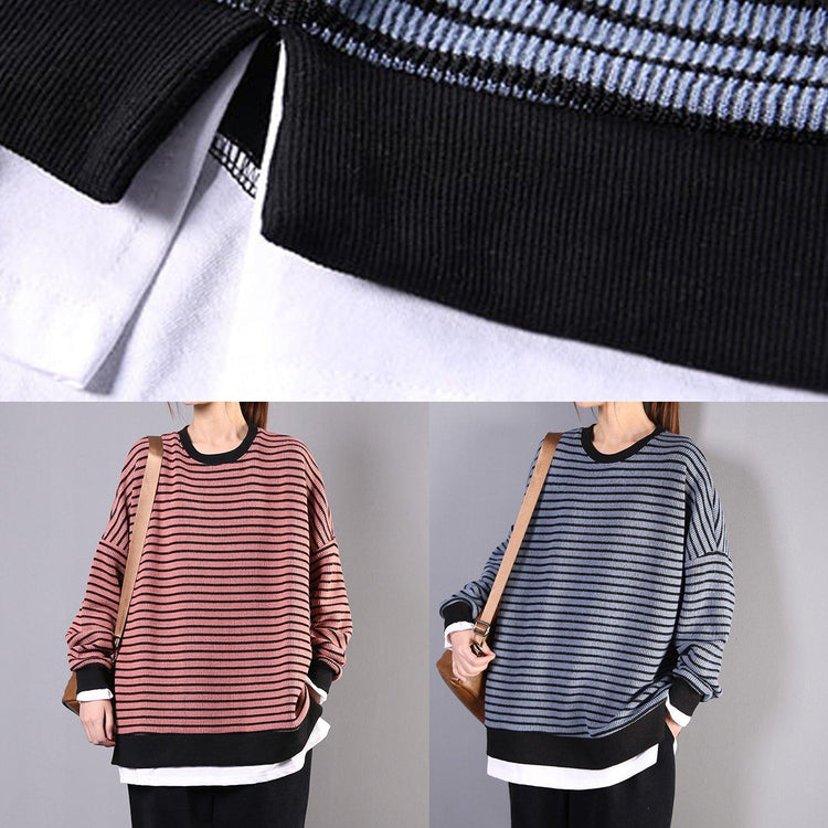 Modern o neck patchwork cotton tunic top pattern blue striped blouse - Omychic