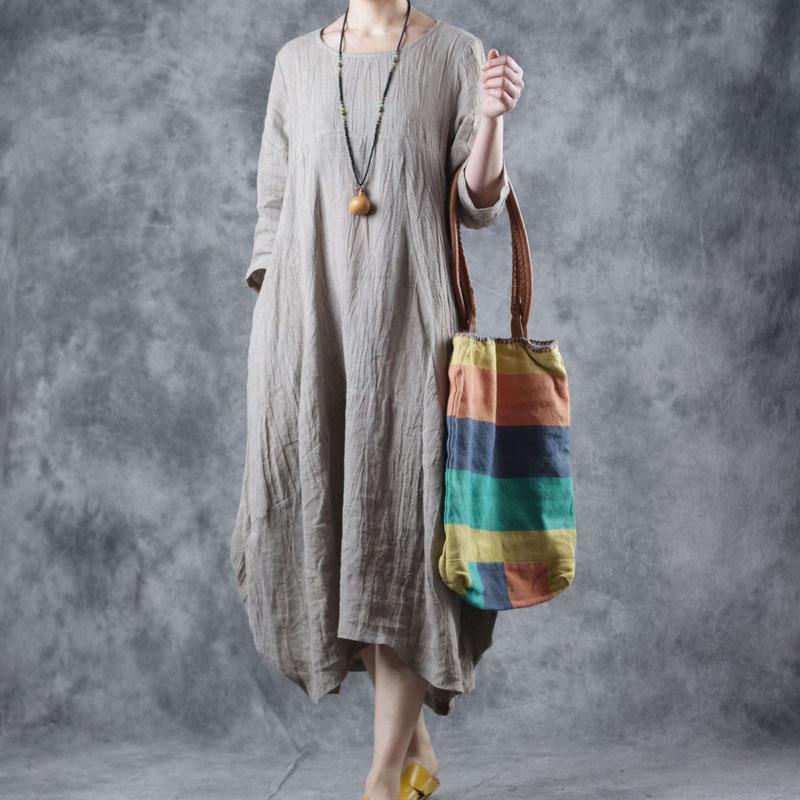 Modern O Neck Pockets Wrinkled Linen Clothes For Women Sewing Nude Dresses Fall - Omychic