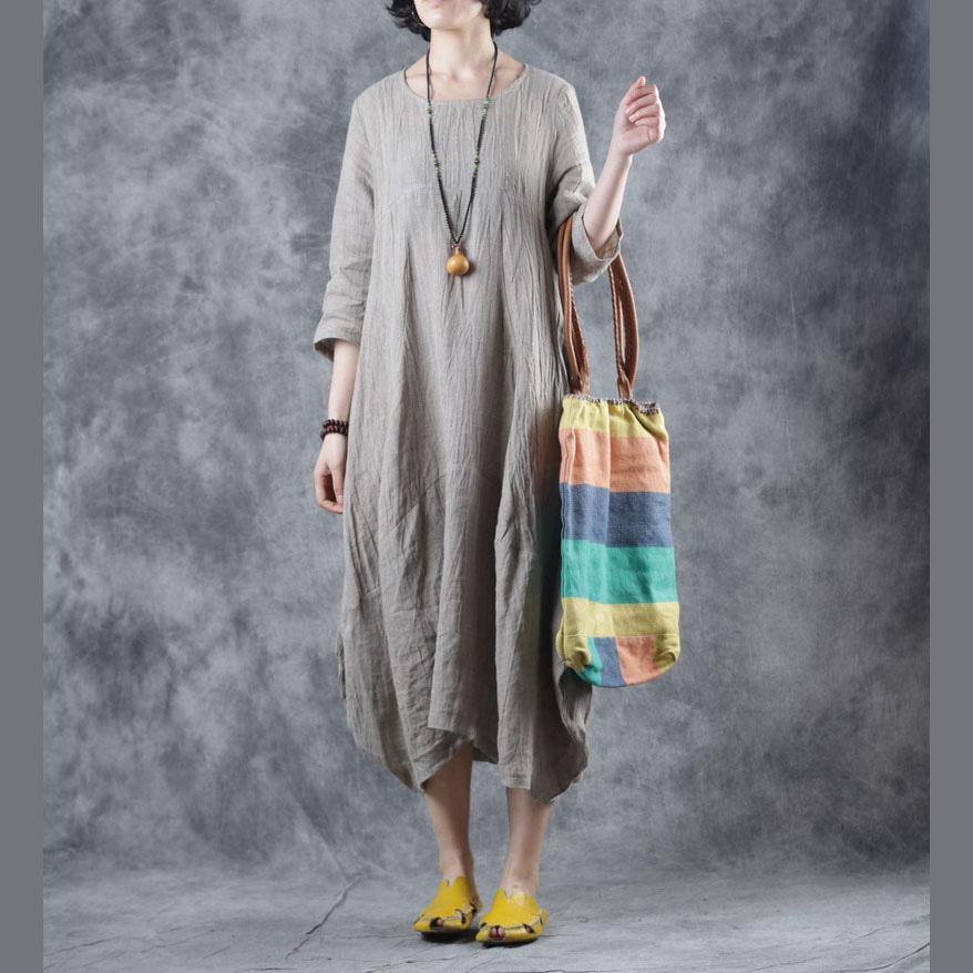 Modern O Neck Pockets Wrinkled Linen Clothes For Women Sewing Nude Dresses Fall - Omychic