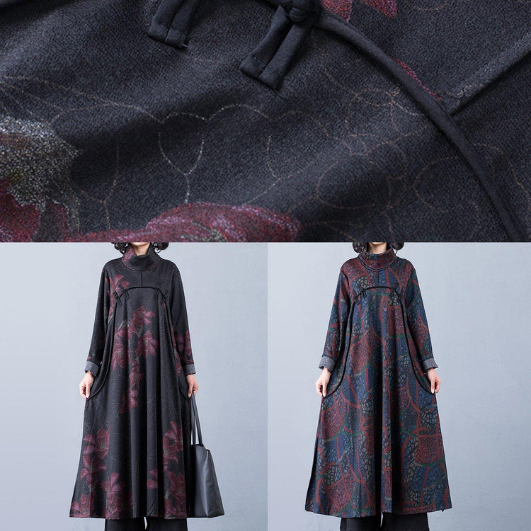 Modern patchwork cotton high neck clothes linen red prints winter Maxi Dress - Omychic