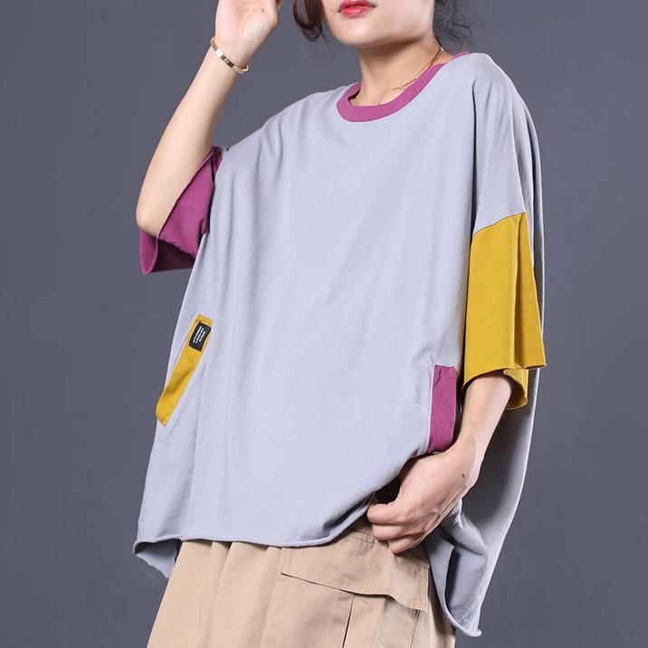 Modern patchwork short sleeve cotton shirts women Fashion Ideas gray blouses summer - Omychic