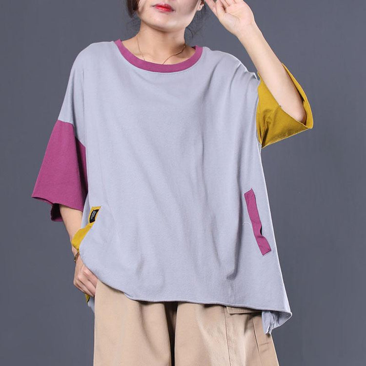Modern patchwork short sleeve cotton shirts women Fashion Ideas gray blouses summer - Omychic