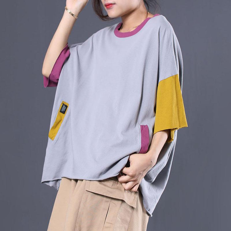 Modern patchwork short sleeve cotton shirts women Fashion Ideas gray blouses summer - Omychic