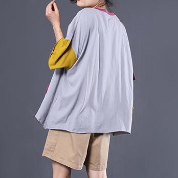 Modern patchwork short sleeve cotton shirts women Fashion Ideas gray blouses summer - Omychic