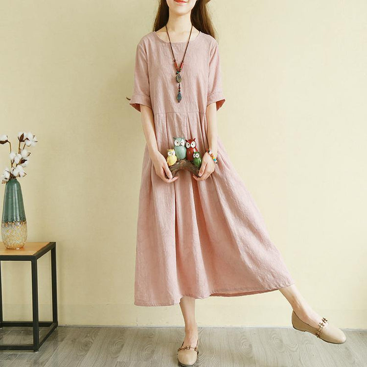 Modern pink linen clothes For Women Fashion Ideas o neck pockets Vestidos De Lino Dress - Omychic