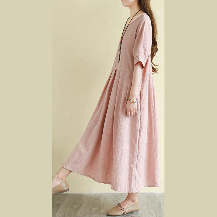 Modern pink linen clothes For Women Fashion Ideas o neck pockets Vestidos De Lino Dress - Omychic