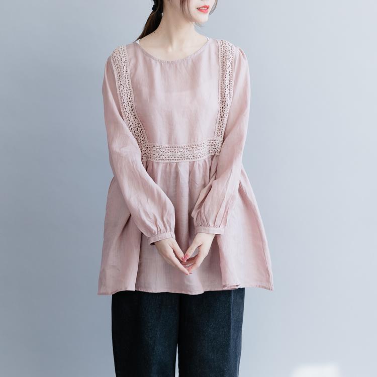 Modern pink linen clothes For Women Fine Work Outfits o neck large hem baggy spring tops - Omychic