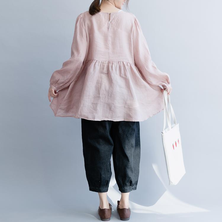 Modern pink linen clothes For Women Fine Work Outfits o neck large hem baggy spring tops - Omychic